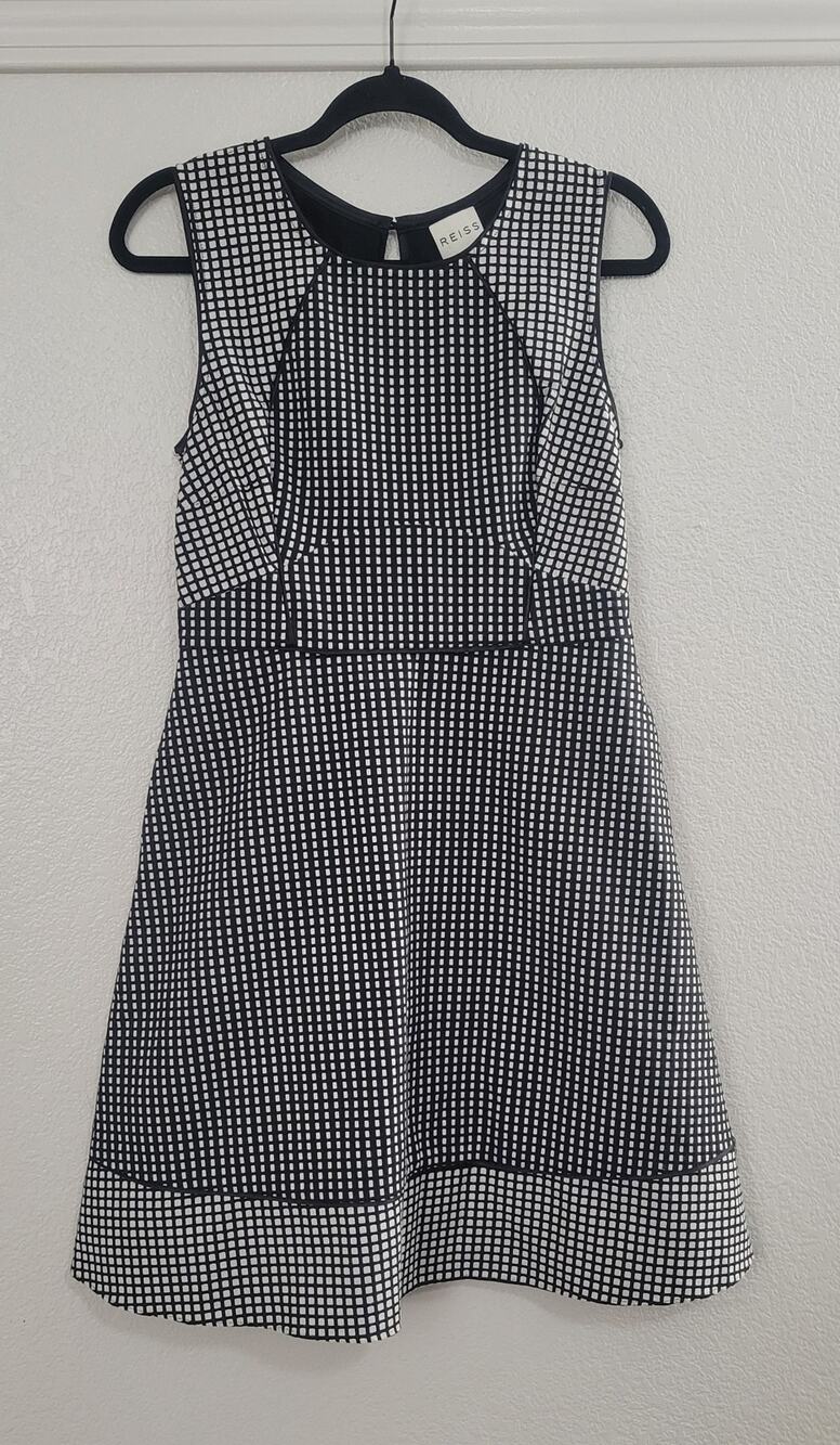 Reiss Women's Black White Grid Print Fit & Flare Dress Silk Trim Size US 8